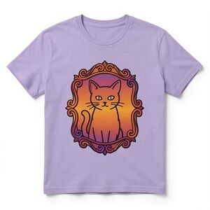 Gildan Lavender Tee with Orange-Pink Sunset Cat Graphic